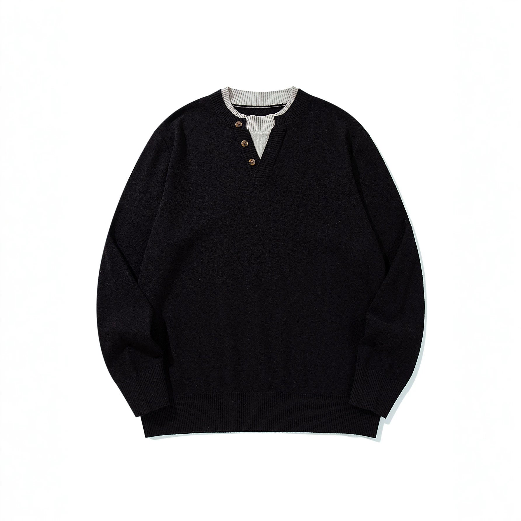 Unisex Ribbed Cotton Blend Sweater with Henley Button Placket and Relaxed Fit Chichicherry