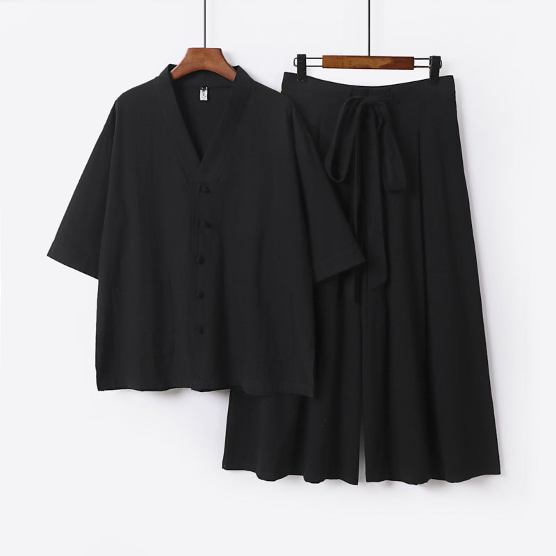 Women Two-Piece Kimono Lounge Set with Short Sleeve Button Jacket, Patch Pockets and Wide Palazzo Pants Chichicherry