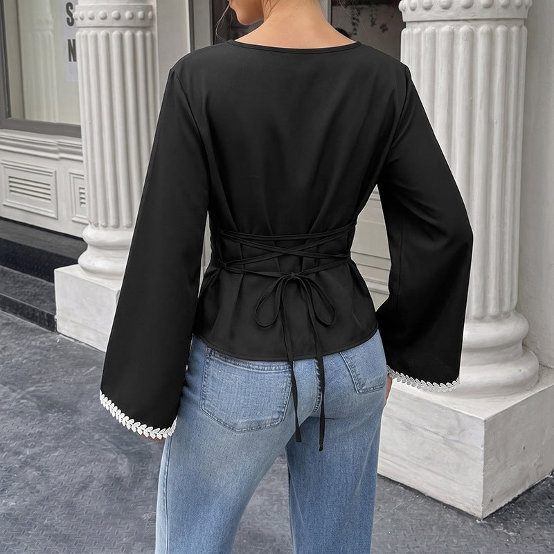 Women's Tailored Long Sleeve Blouse with Boat Neck, Bell Sleeves and Embroidered Leaf Trim Chichicherry