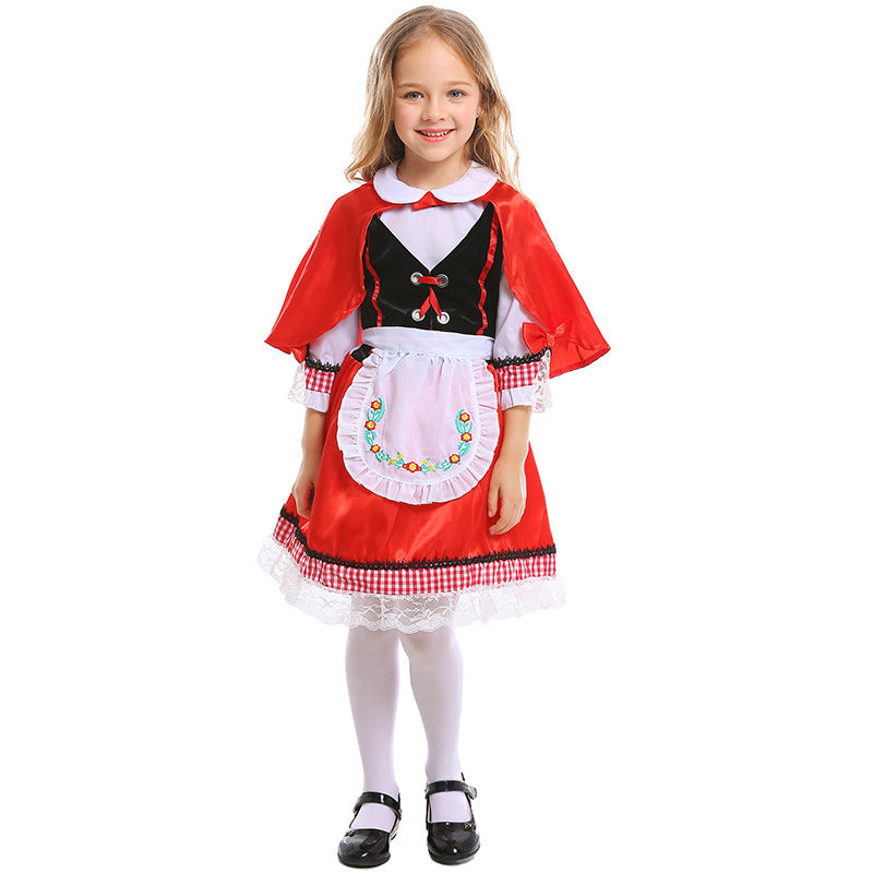 Girls Fairytale Little Red Riding Hood Costume with Cape and Embroidered Apron Chichicherry