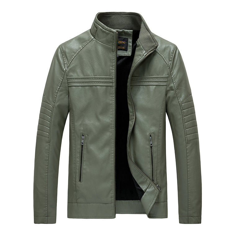 Men's Slim-Fit Faux Leather Moto Jacket with Stand-Up Collar and Quilted Sleeve Yoke Chichicherry