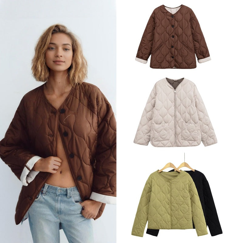 Women's quilted jacket with round quilting, button placket and V-neck Chichicherry