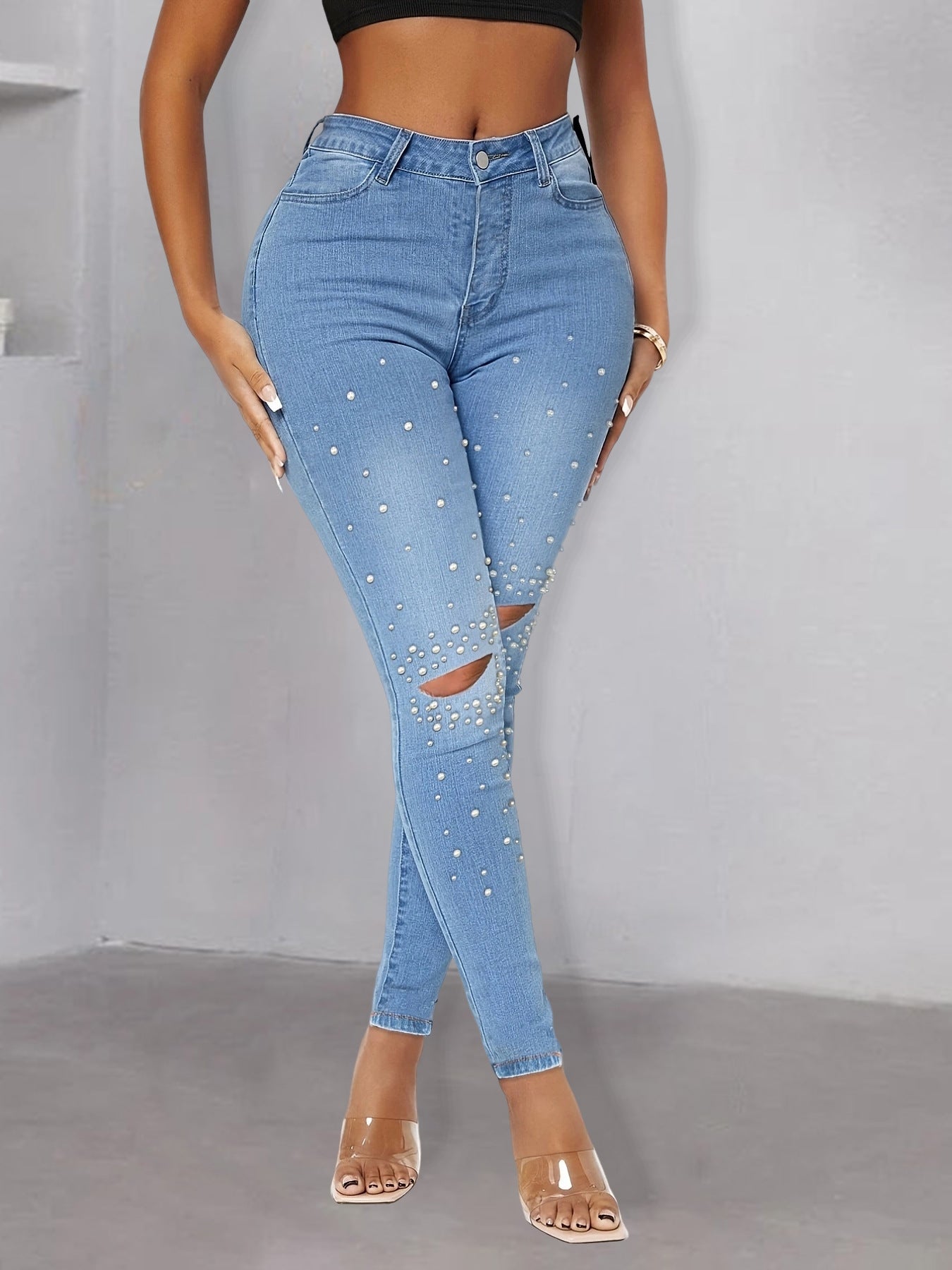 Women pearl-embellished high-waist skinny jeans with knee cutouts Chichicherry