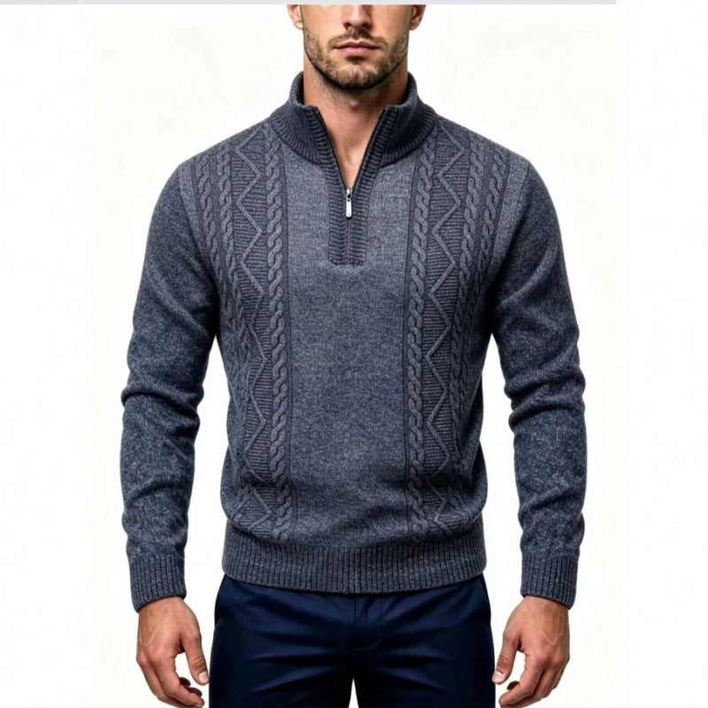 Men's Structured Half-Zip Pullover with Stand-Up Collar and Cable Knit Details Chichicherry