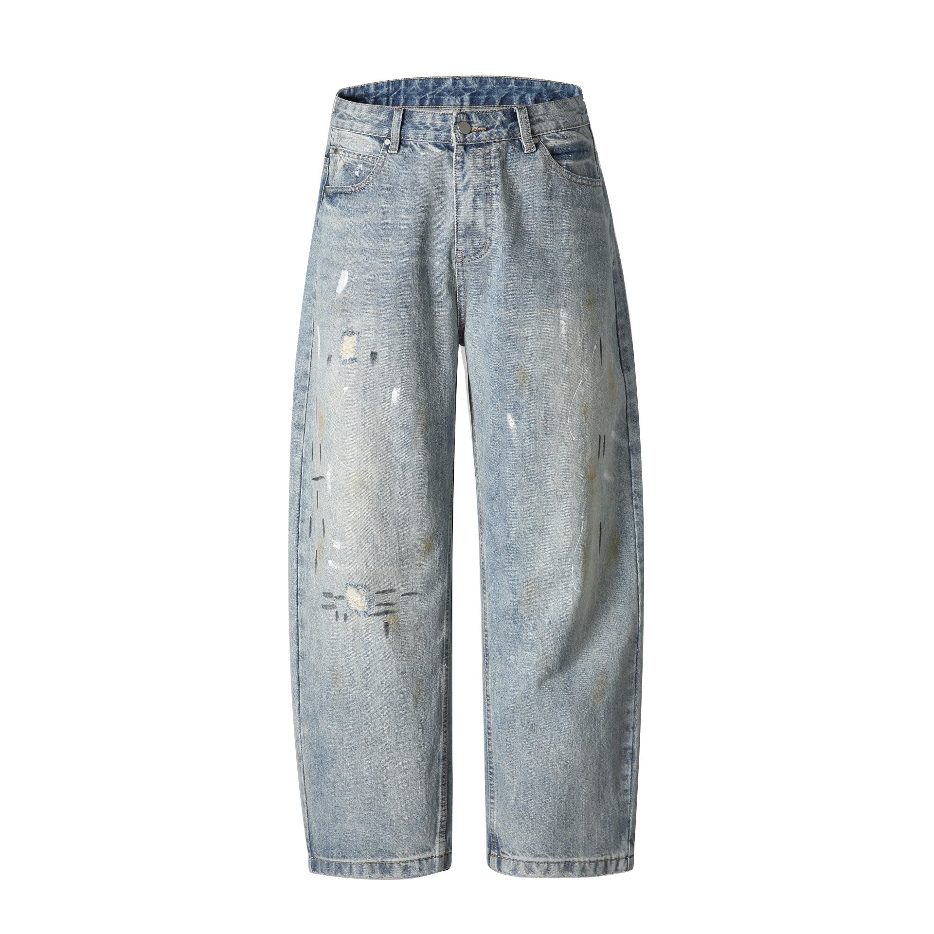 Unisex Casual Relaxed-Fit Jeans with High Waist and Paint-Distress Chichicherry