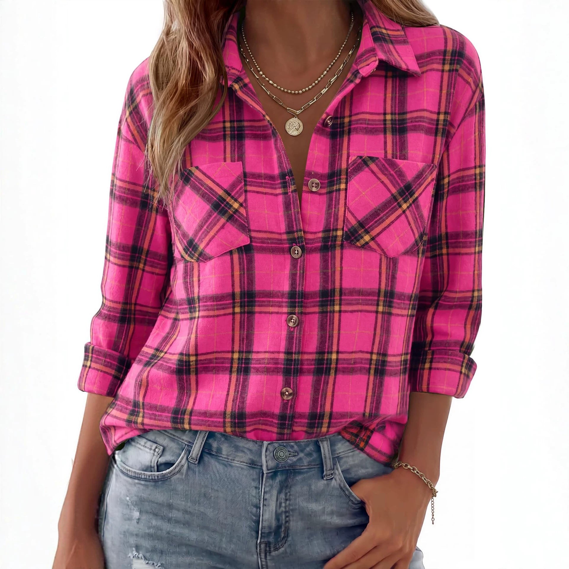 Women Checkered Oversized Flannel Shirt Jacket with Chest Pockets Chichicherry