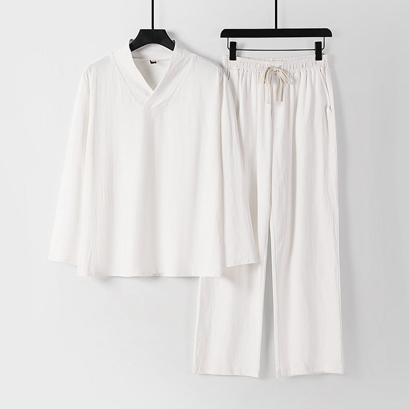 Unisex Zen-inspired Lightweight Loungewear Set with V-Neck Shirt and Elastic Drawstring Pants Chichicherry