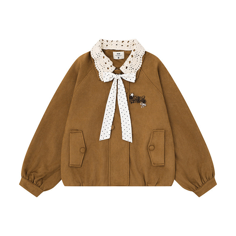 Women's Short Bomber Jacket with Crochet Collar and Ribbon Chichicherry