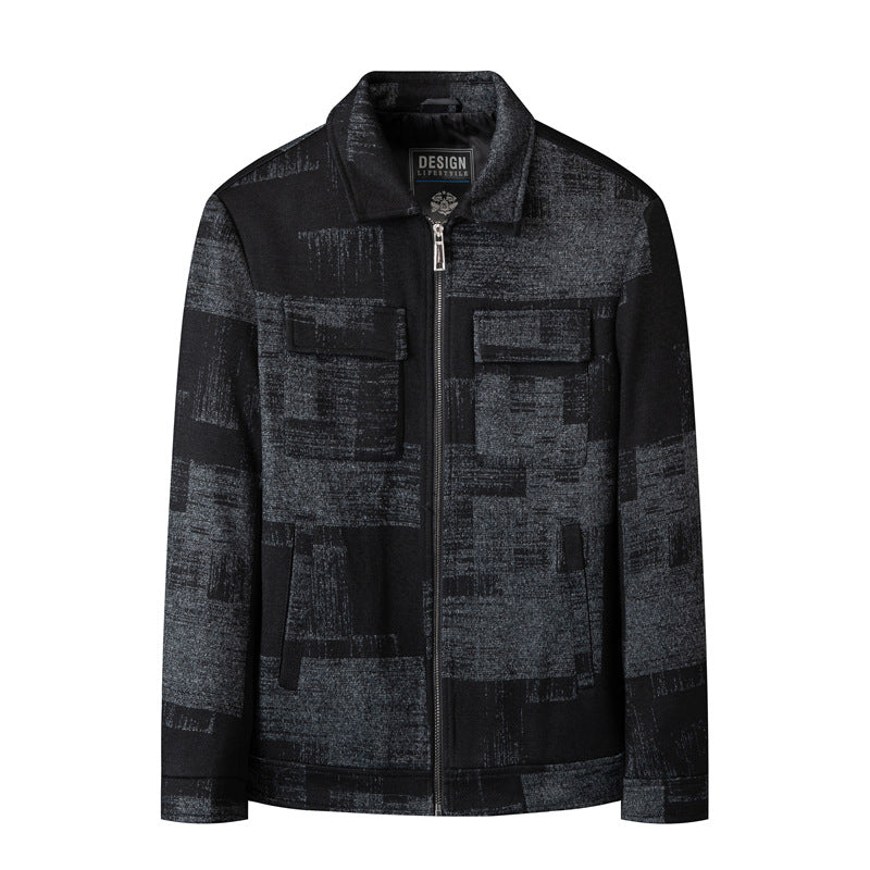 Men's overshirt jacket in shirt jacket style with graphic patch pattern and zipper Chichicherry