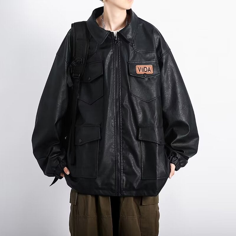 Unisex Oversized Utility Lederimitat Jacke mit Mehreren Klappentaschen Chichicherry