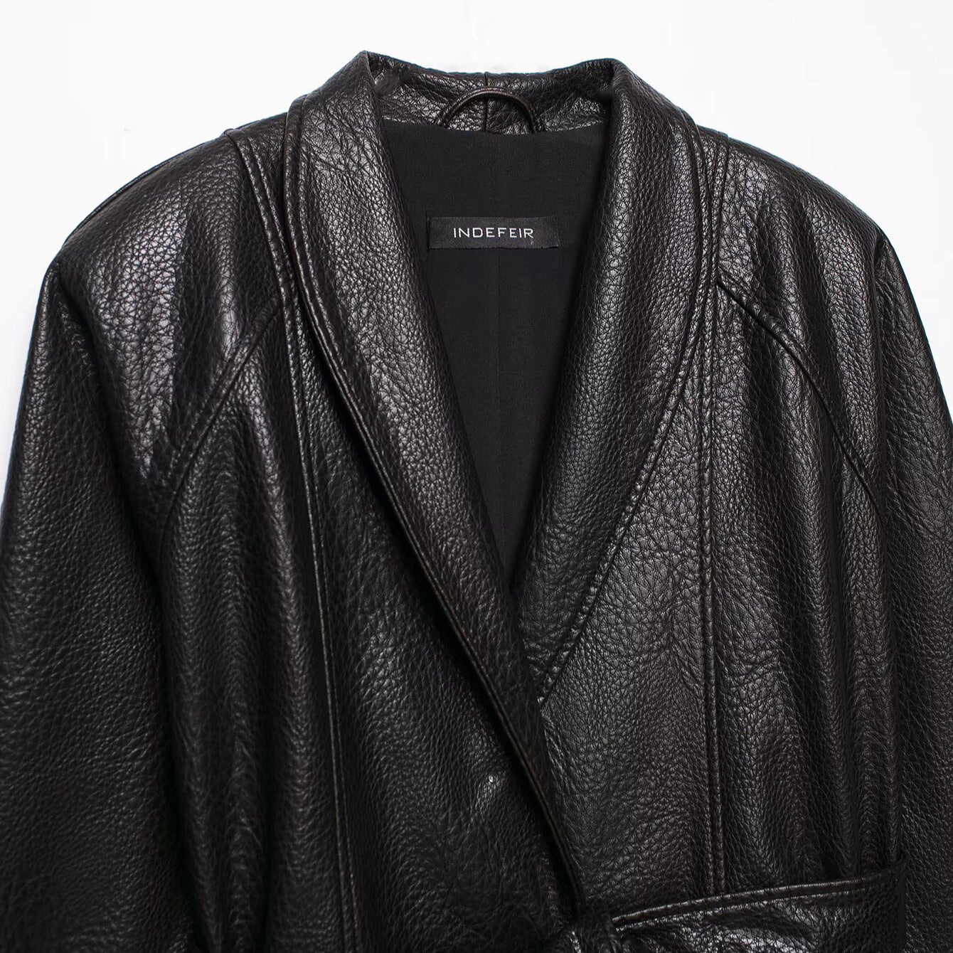 Women Short Jacket in Leather Look with Shawl Collar and Waist Tie Belt Chichicherry