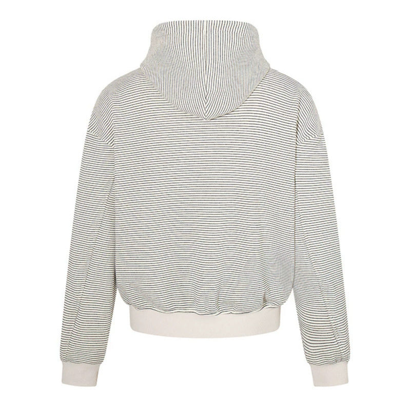 Ladies fine stripe zip jacket with high stand-up collar, kangaroo pockets and elastic hem Chichicherry