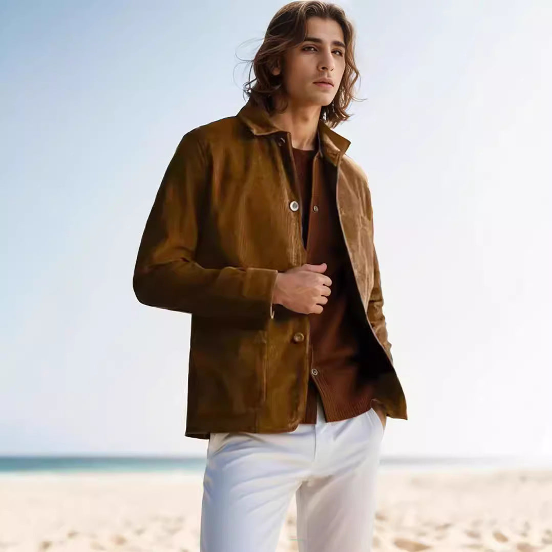 Men's Cord Worker Jacket with Shirt Collar and Patch Pockets Chichicherry