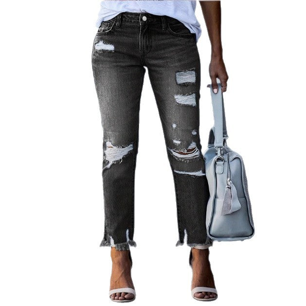 Women Cropped Destroyed Jeans with High Waist, Straight Leg & Raw Frayed Hem Chichicherry