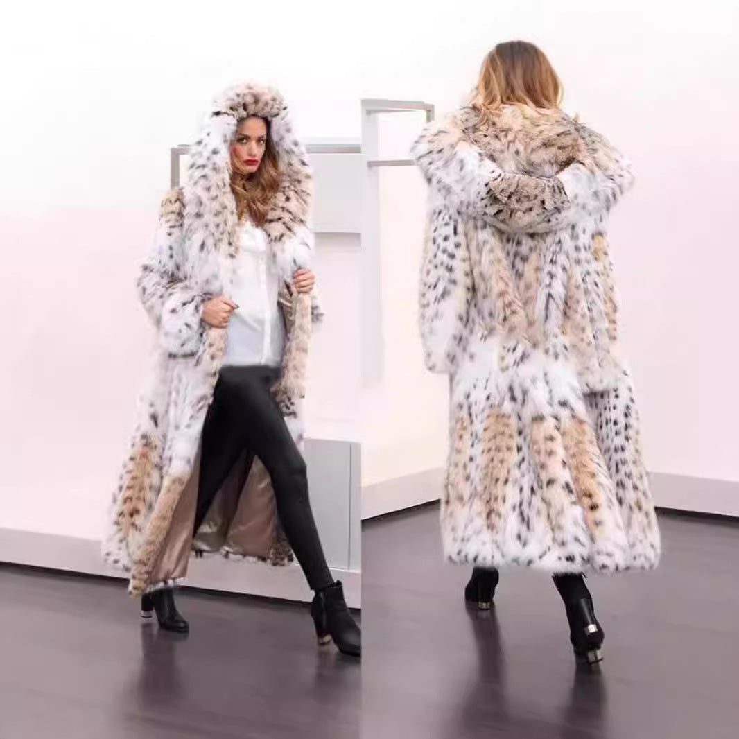 Women's Longer Faux Fur Coat with Hood and Lynx Look Chichicherry