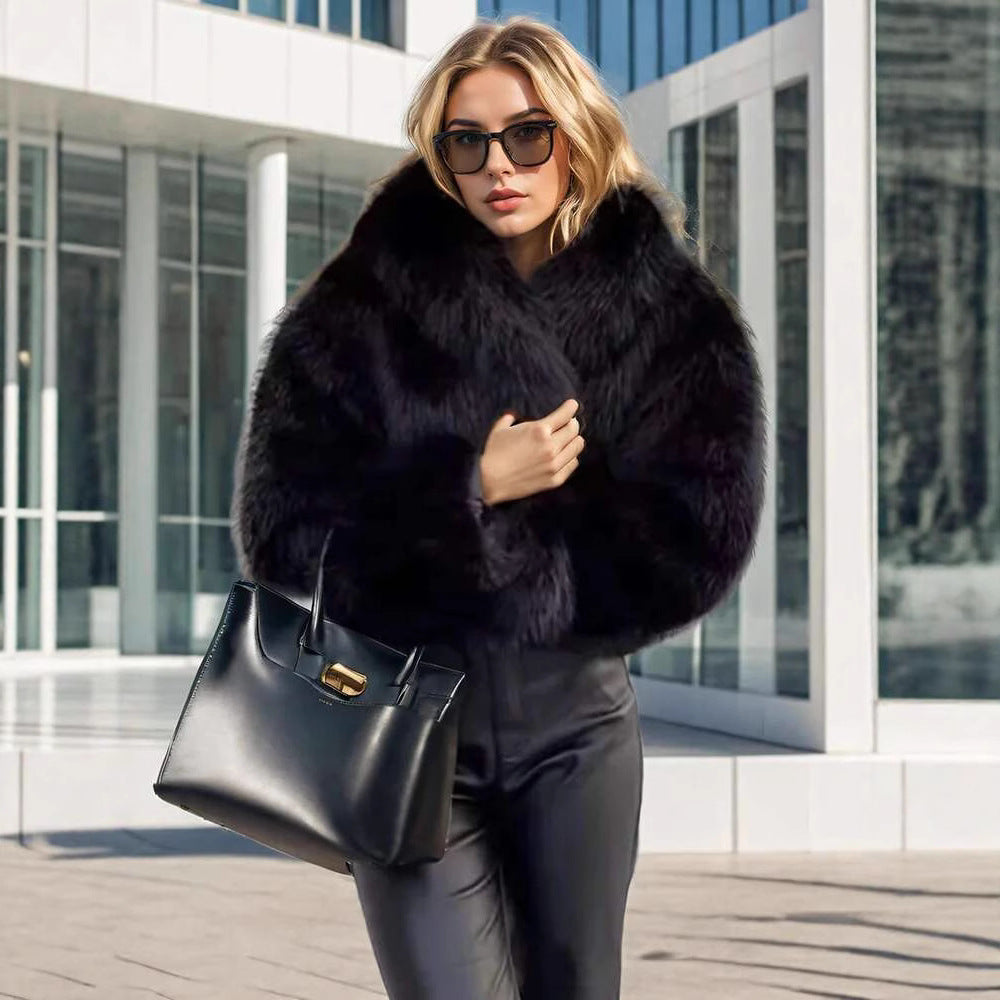 Women's Short Hooded Faux Fur Jacket with Dense Pile, Boxy Silhouette and Elastic Hem Chichicherry