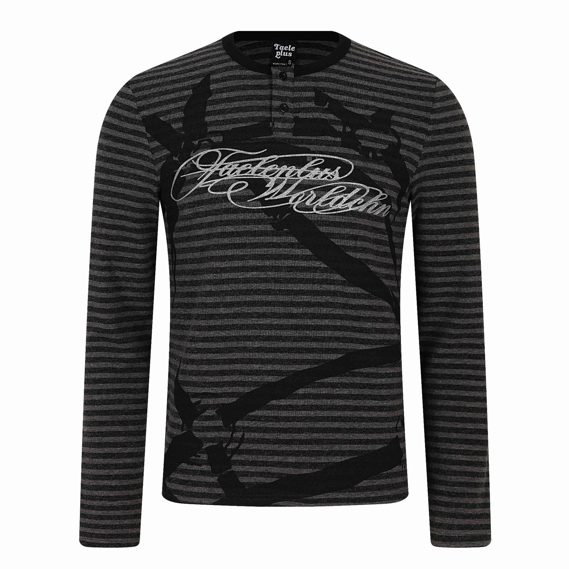 Men's Striped Long Sleeve Henley with Button Placket and Typo Print Chichicherry