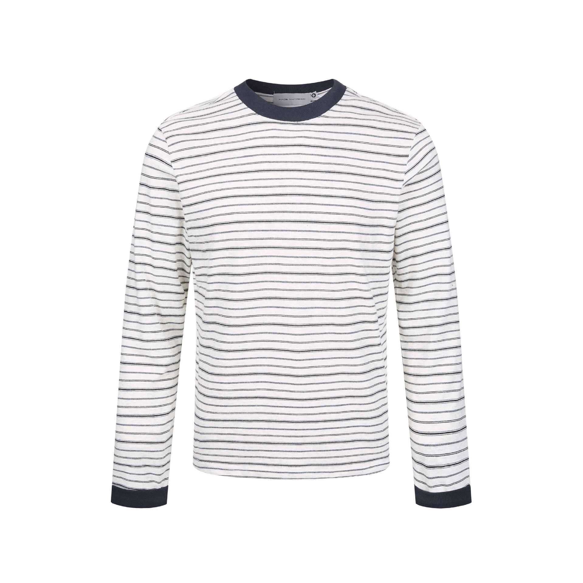 Men's Striped Long Sleeve Shirt Made of Cotton Blend with Ribbed Round Neck