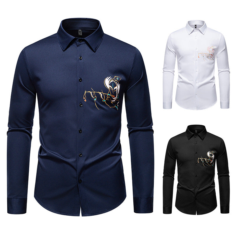 Men's Slim-Fit Business Shirt with elaborate chest embroidery and Kent collar Chichicherry