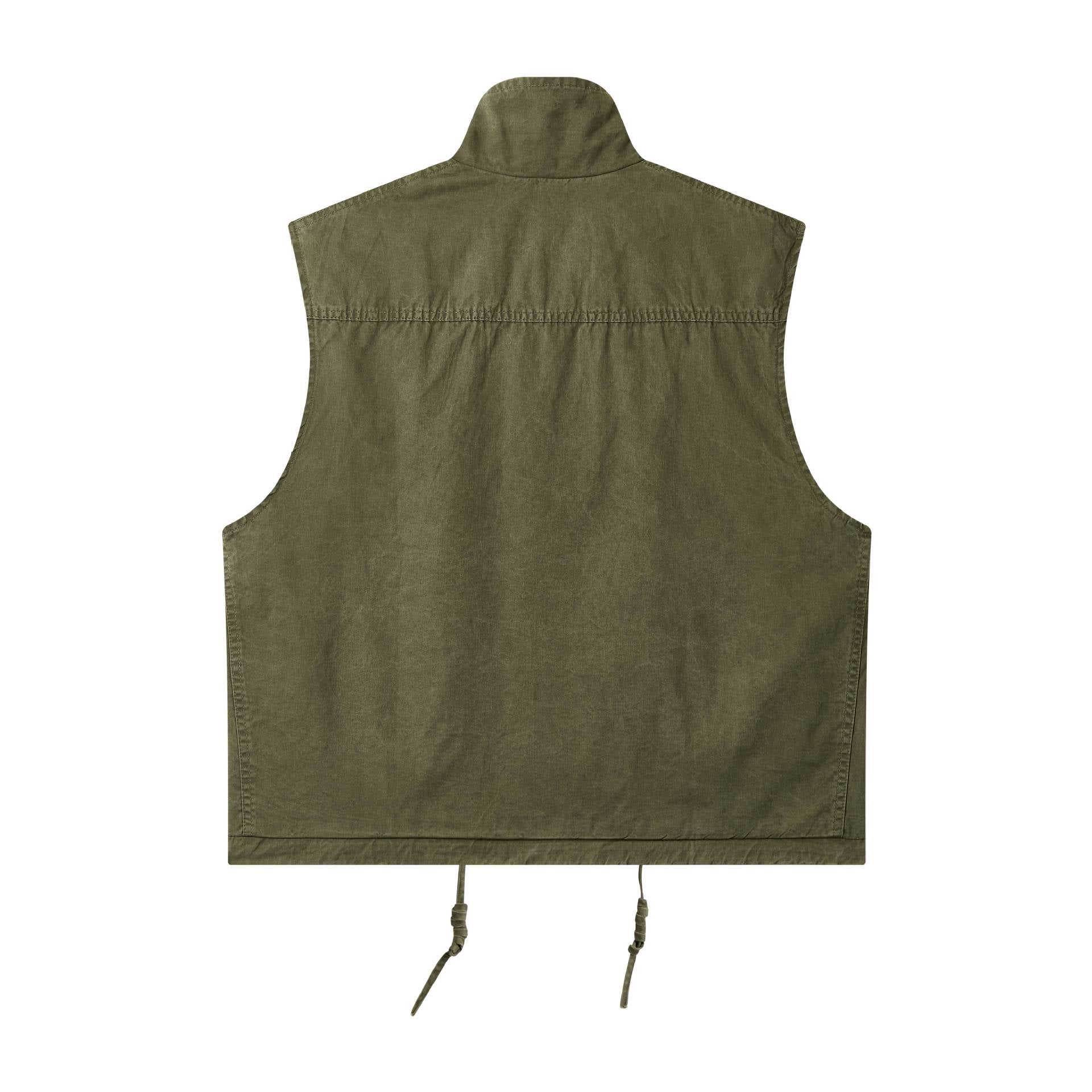 Women's utility vest with stand-up collar, large flap pockets, and drawstring Chichicherry