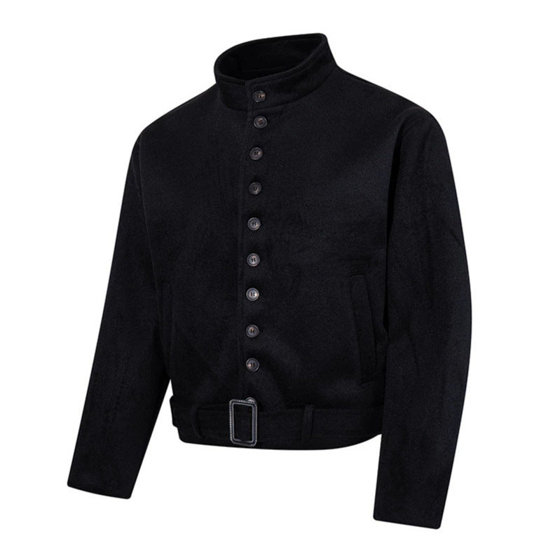 Men's Short Wool Blend Jacket with Stand-up Collar, Full Button Placket and Waist Belt Chichicherry