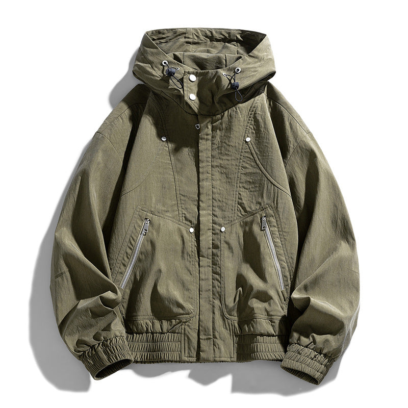 Men's Oversize Canvas Utility Hoodie Jacket with Hidden Snap Button Placket and Zipper Pockets Chichicherry