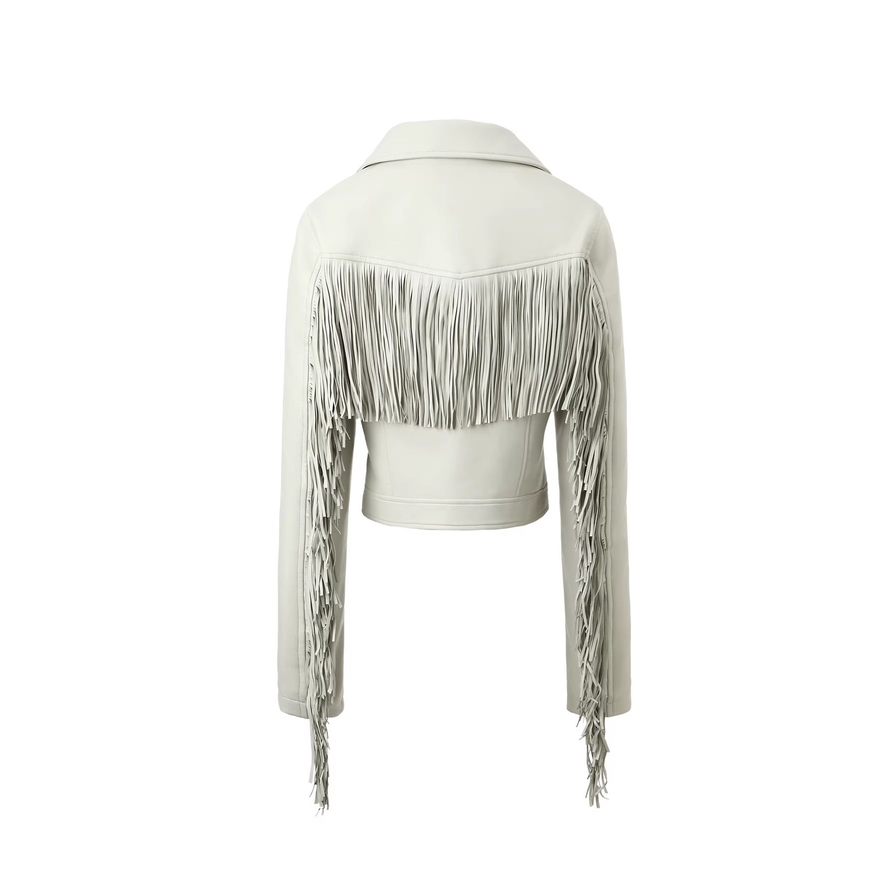Women's short biker leather jacket with fringed sleeves and asymmetrical zipper Chichicherry