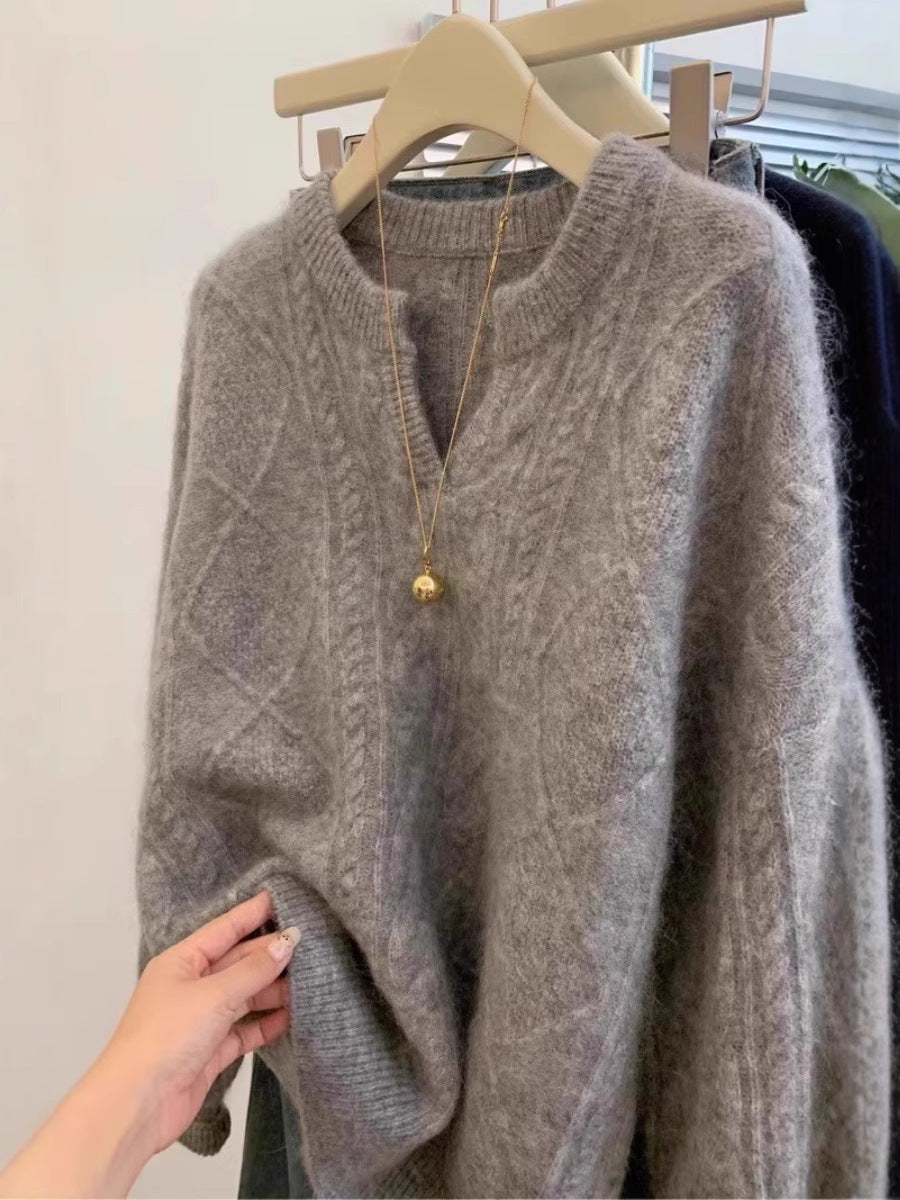 Women Oversize Mohair-Look Cable Knit Sweater with V-Neck and Drop Shoulder Chichicherry