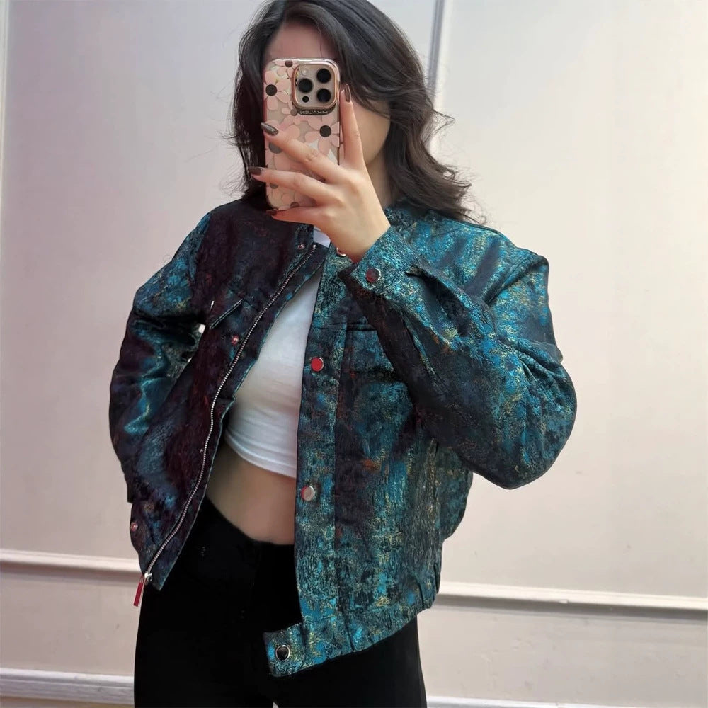 Women's Short Jacket in Metallic Jacquard with Snap Button Placket and Flap Pockets Chichicherry