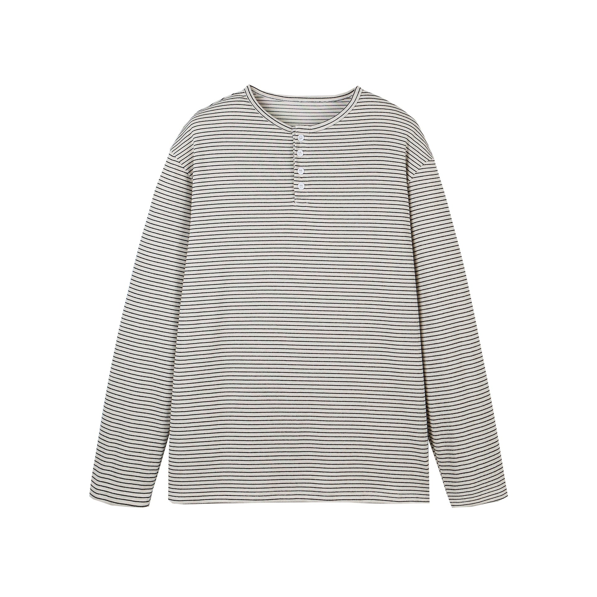 Unisex Striped Henley Long Sleeve Shirt with Button Placket and Oversized Cut Chichicherry