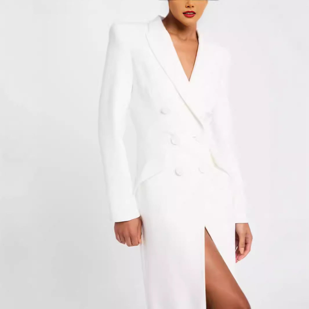Women Blazer Dress Maxi Dress with Double Breasted, tailored silhouette and high front slit Chichicherry