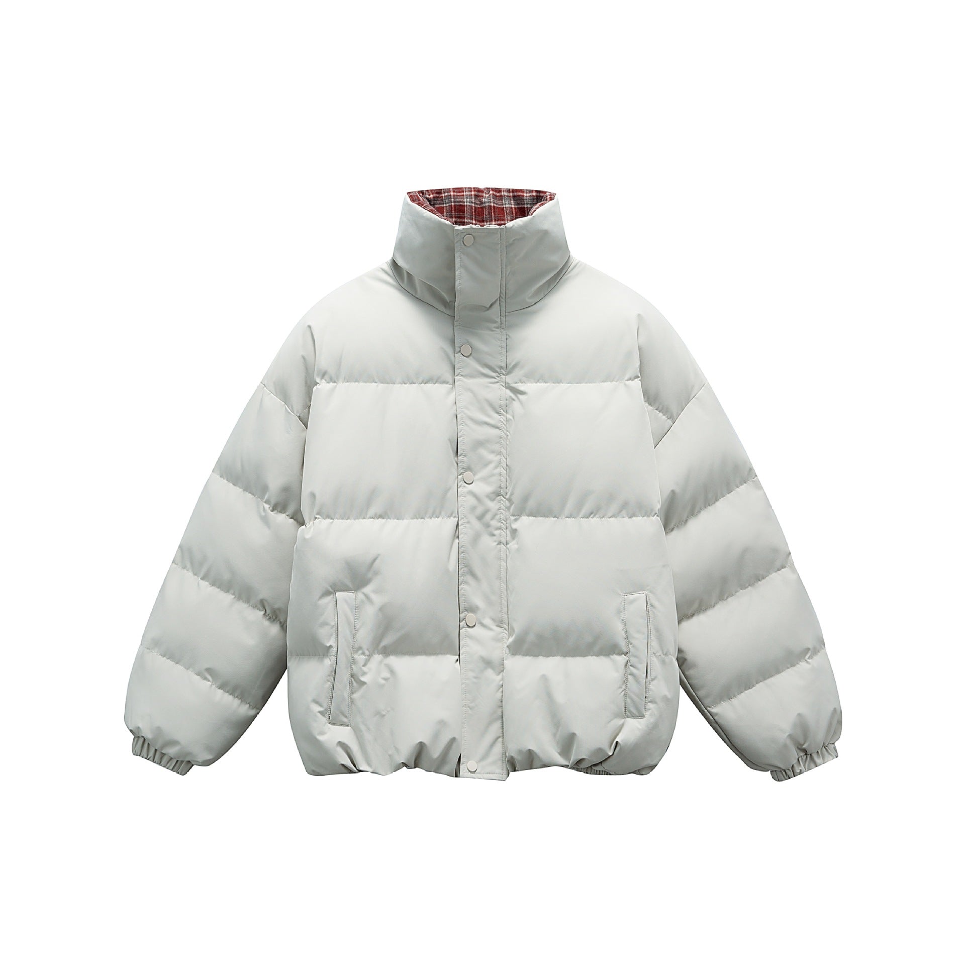 Unisex short boxy padded insulation jacket with extra high stand-up collar and checked lining Chichicherry