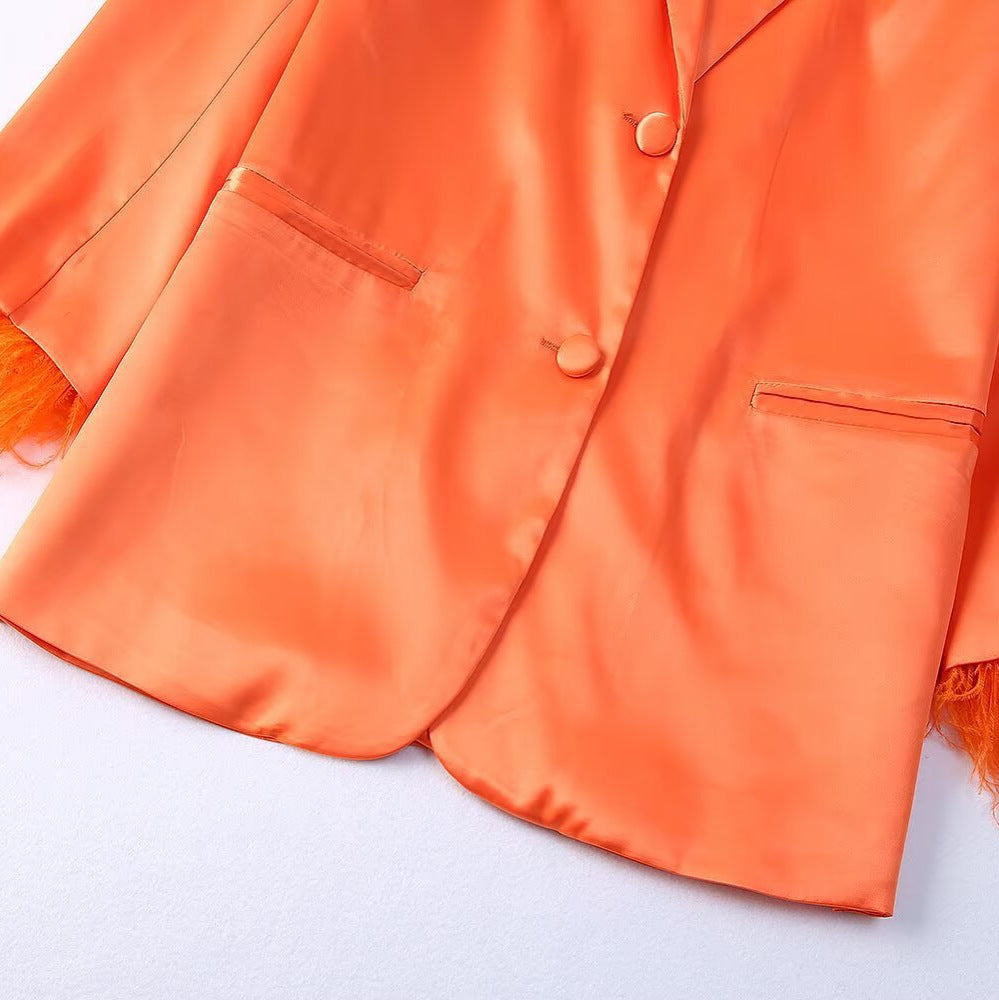 Women's Satin One-Button Blazer with Feather Trim on Sleeves Chichicherry