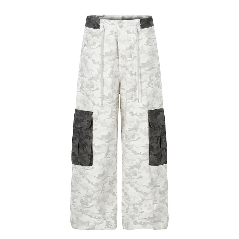 Women's Wide Cargo Pants with High Waist, Camouflage Print and Contrast Pockets Chichicherry