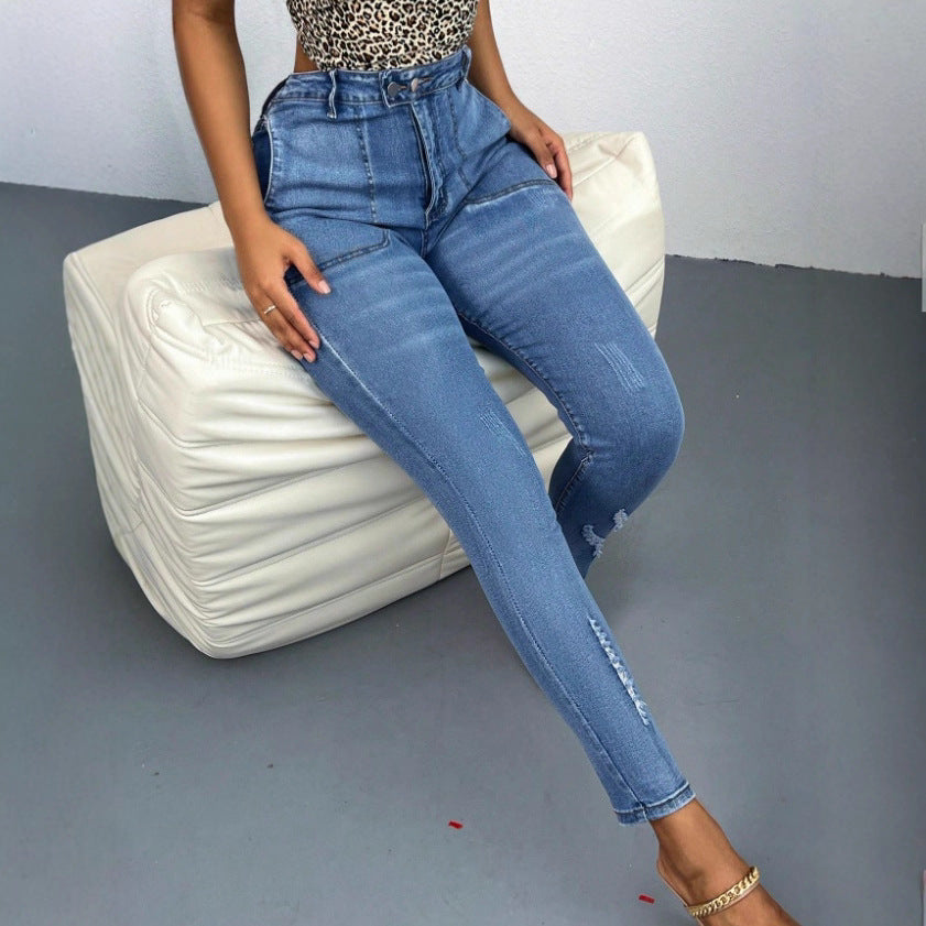 Women's waist-hugging super stretch skinny jeans with patch front piped pockets Chichicherry