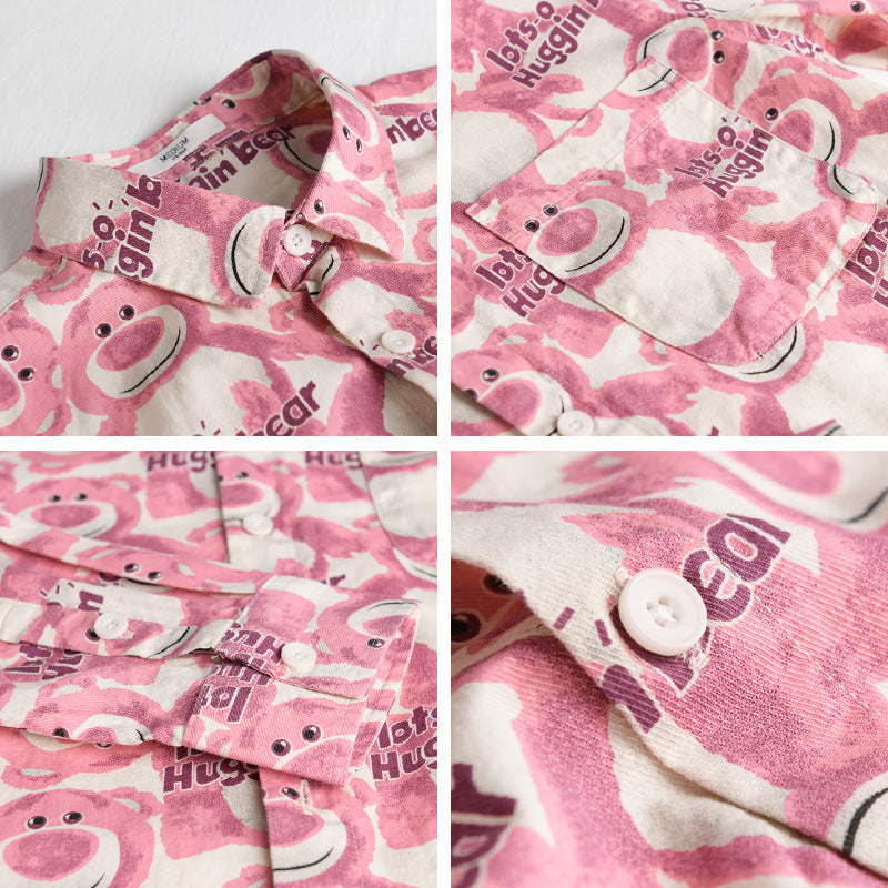 Men's Casual Loose-Fit Shirt with Full Button Placket, Chest Pocket, and Playful Allover Bear Print Chichicherry