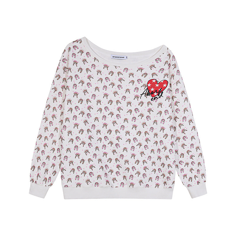 Women's sweatshirt with allover cartoon print, wide round neckline and heart patch.