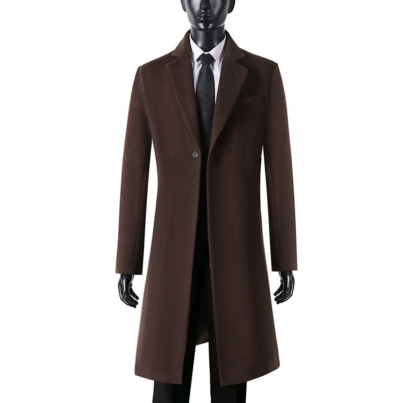 Men's Elegant Long Coat made of Wool Blend with Slim Silhouette and One-Button Closure Chichicherry