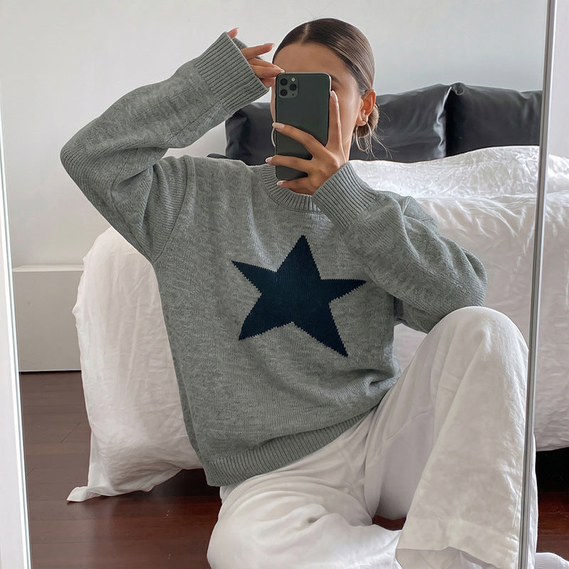 Women Relaxed Knit Sweater with Star Intarsia, Round Neckline & Casual Fit Chichicherry
