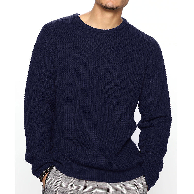 Men's Chunky Knit Crew Neck Sweater with Basketweave Pattern and Relaxed Fit Chichicherry