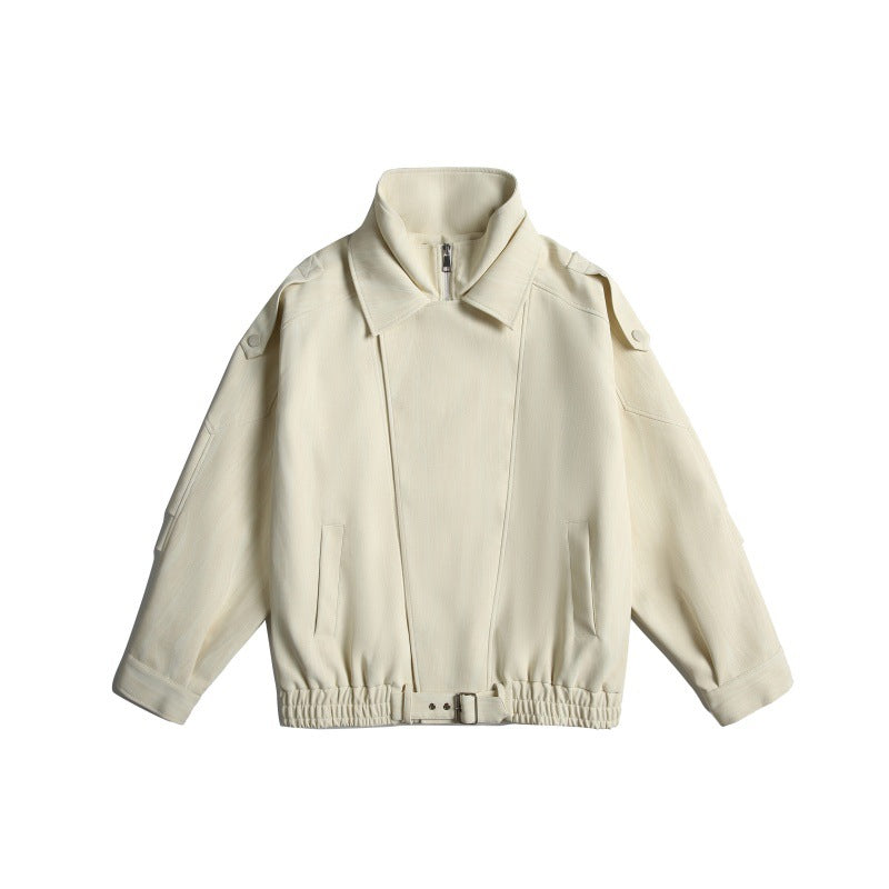 Unisex Short Cropped Boxy Blouson Jacket with Funnel Collar, Epaulettes and Waist Belt Chichicherry