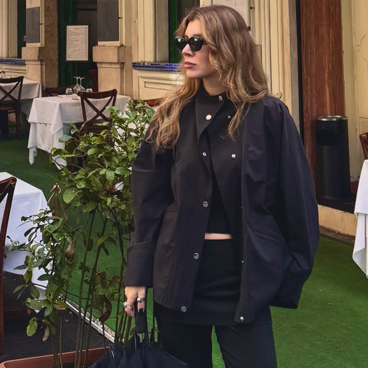 Women's oversized shirt jacket with stand collar, boxy silhouette and snap button placket Chichicherry