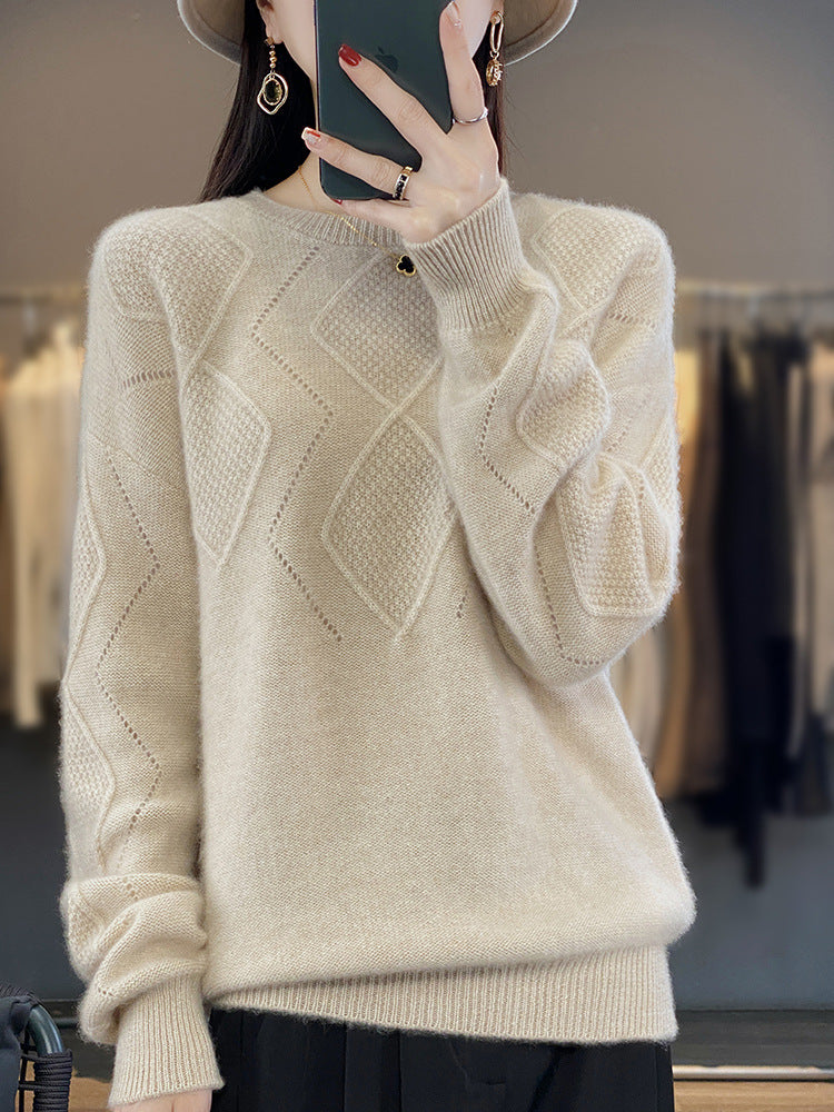 Women's Soft Diamond Pattern Sweater in Mohair Look with Fine Openwork Structure and Round Neckline Chichicherry
