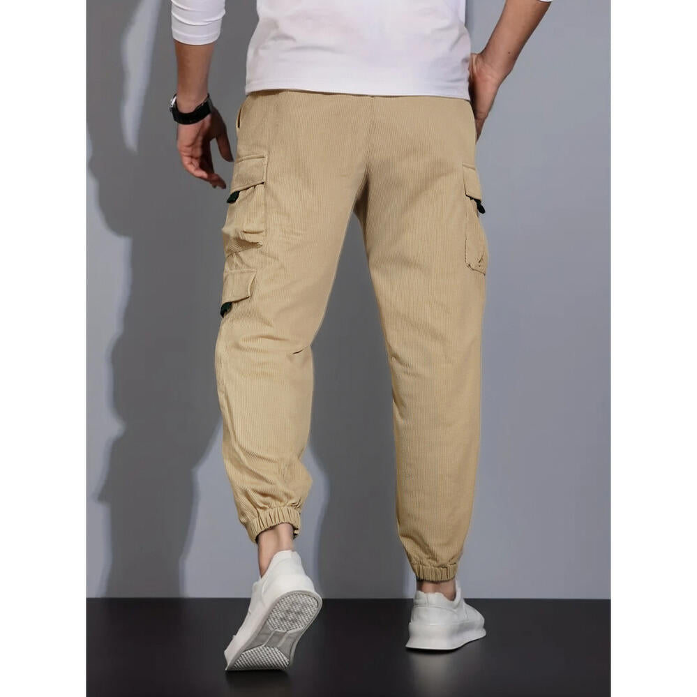 Men's Cord Cargo Jogging Pants with Elastic Waistband, Drawstring & Multiple Pockets Chichicherry