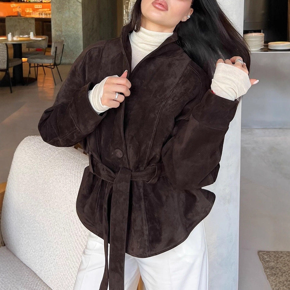 Women Velvet Leather Jacket with Shawl Collar and Tie Belt Chichicherry