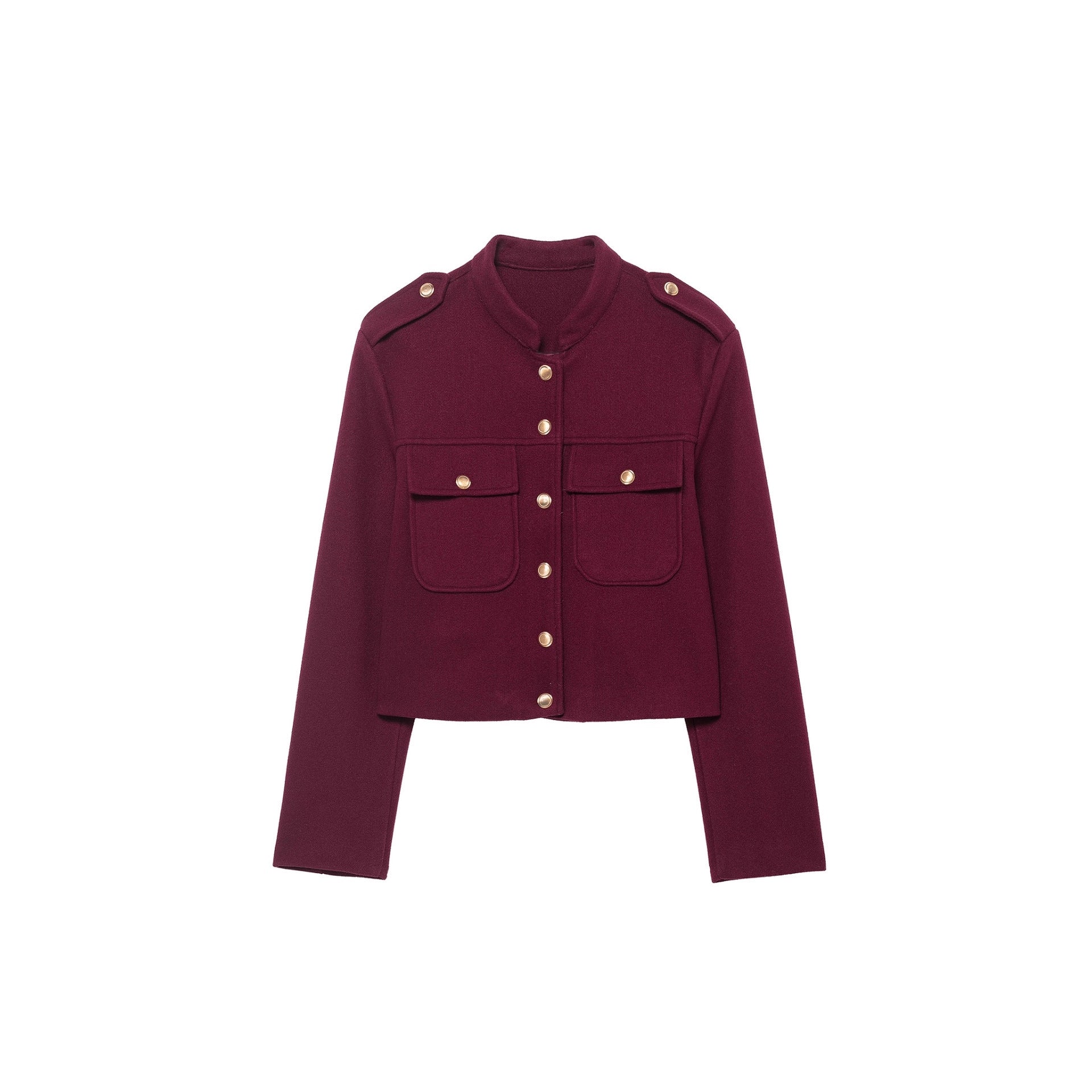 Women's Short Cut Military Inspired Wool Jacket with Stand-Up Collar, Epaulettes and Gold Button Details Chichicherry