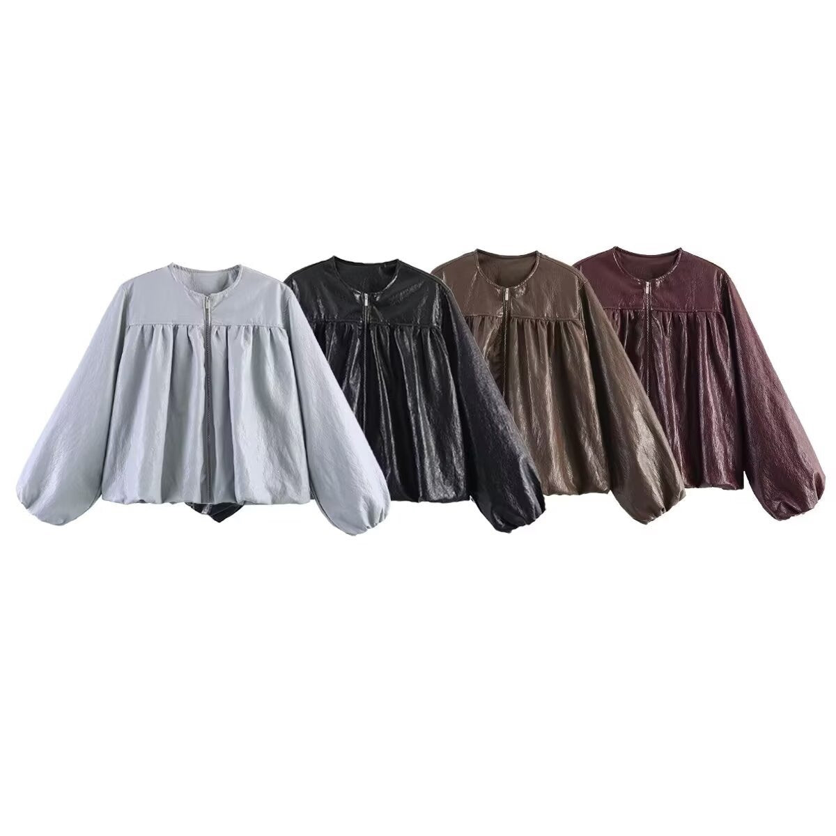 Women's short jacket made of faux leather with gathered yoke and balloon sleeves Chichicherry