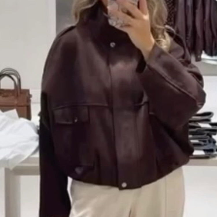 Women's Oversized Cropped Faux Leather Jacket with Stand Collar and Flap Pockets Chichicherry