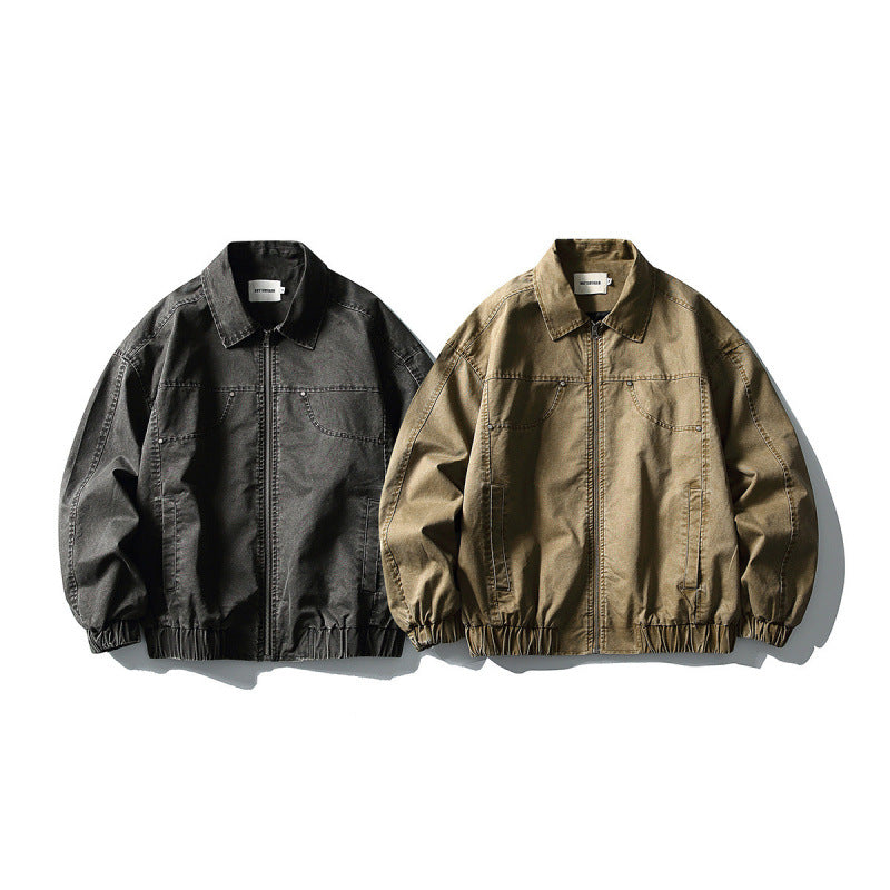 Unisex Short Boxy Denim Blouson Jacket with Zipper, Shirt Collar and Elastic Hem Chichicherry