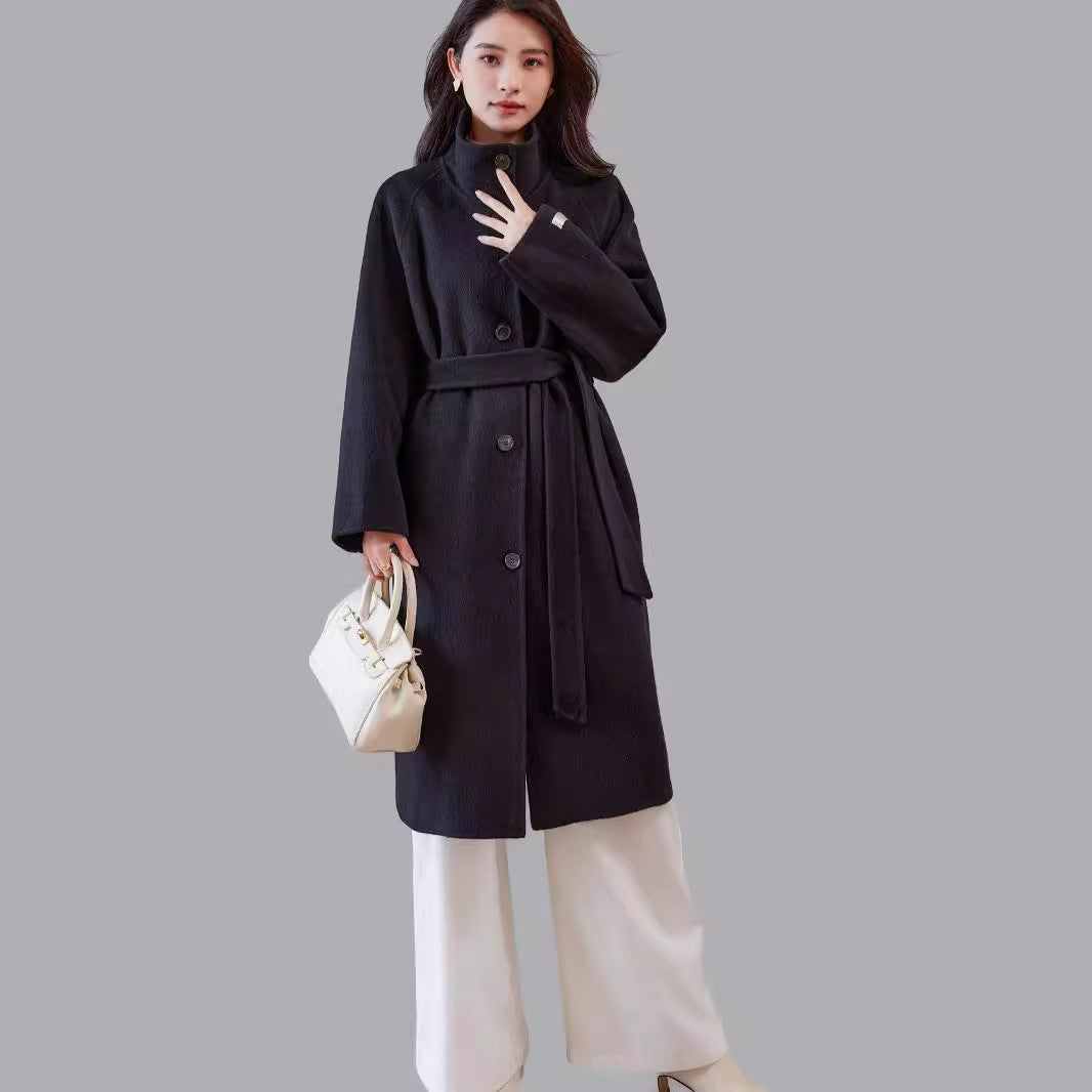 Women's Oversized Wool Coat with Stand-up Collar and Waist Belt Chichicherry